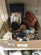 A box of miscellaneous including tins, razors & harmonica etc.