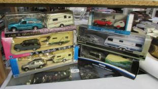 6 boxed die cast cars with caravans - MGB Convertible, Volvo etc.
