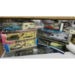 6 boxed die cast cars with caravans - MGB Convertible, Volvo etc.