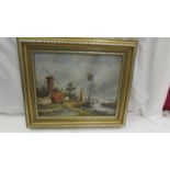 A framed oil on board 'Jetty by Windmill'.