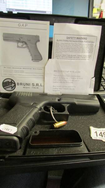 A boxed Stalina pistol in case, Bruni Mod Gap, gauge 8mm k-9mm, Pack of blank cartridges.