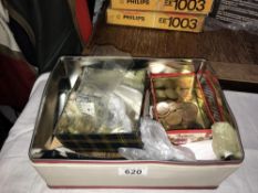 A box of assorted coins including pennies, halfpennies, foreign etc.