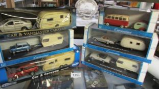6 boxed die cast cars with caravans, - Mini Cooper, Mercedes Benz, VW camper etc.