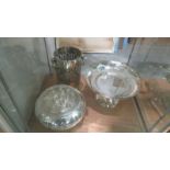 A silver plate comport, rose bowl and wine coaster.