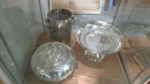 A silver plate comport, rose bowl and wine coaster.