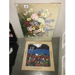 A 20th century oil on board, Dutch style of mixed flowers together with an acrylic on board,