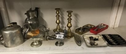 A quantity of silver plate & metal ware including silver & pair of brass candlesticks