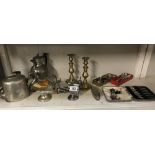 A quantity of silver plate & metal ware including silver & pair of brass candlesticks