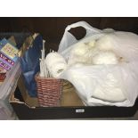 A large box of sewing and knitting items including knitting needles, wool etc.