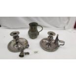 2 silver plate chamber candlesticks (1 a/f) and a tankard (a/f)
