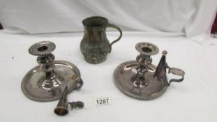 2 silver plate chamber candlesticks (1 a/f) and a tankard (a/f)