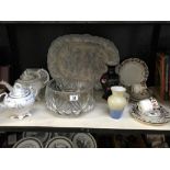 A large blue 7 white platter, large cut glass bowl & tea ware etc.