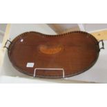 A Kidney shaped mahogany inlaid tray (some damage on edge)