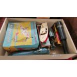 A box of old toys including tin plate 'Wonderjet', tin plate boat, tin plate train etc.