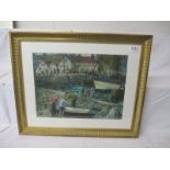 Modernist oil on board painting of fishermen tending their boats/catch on the harbour signed