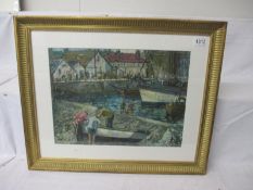 Modernist oil on board painting of fishermen tending their boats/catch on the harbour signed