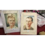 2 unframed pastel portraits of a man and a woman.