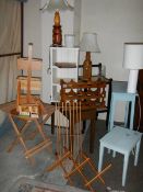 A good lot of assorted wooden items including low tables, folding table, lamps etc.