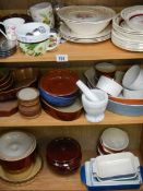 3 shelves of kitchen ceramics, pestle and mortar etc.