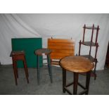 A 4 tier what not (1 m high), a pine topped metal leg stool, and oak round top coffee table,