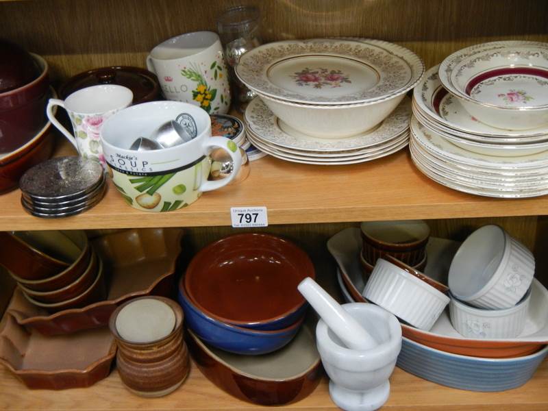 3 shelves of kitchen ceramics, pestle and mortar etc. - Image 2 of 3