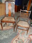 A small inlaid mahogany spindle back bedroom chair and a Queen Anne leg chair.