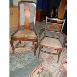 A small inlaid mahogany spindle back bedroom chair and a Queen Anne leg chair.