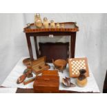 An old inlaid tray, chess set, wooden boxes, animals etc.