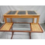 A 3 piece marble top pine table (L 140 x W 74 x H 80 cm) and a glass top coffee table (138 x 57 cm).