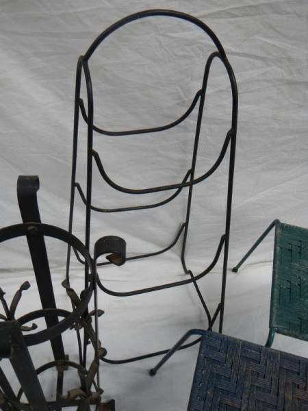 An umbrella stand, 2 woven stop stools and a steel rack. - Image 3 of 4