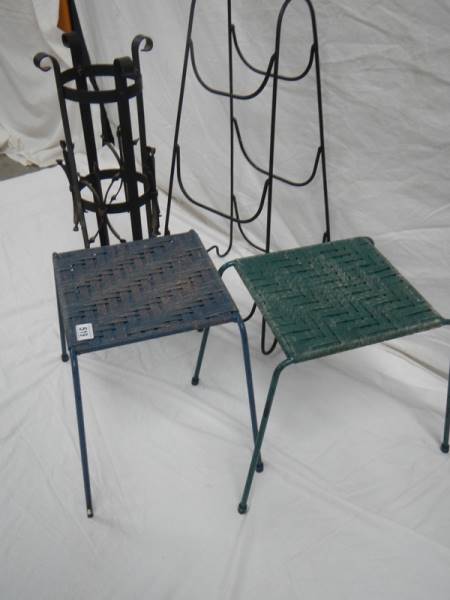 An umbrella stand, 2 woven stop stools and a steel rack. - Image 4 of 4
