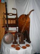 A mixed lot of wooden items including magazine rack, and a copper warming pan.