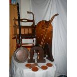 A mixed lot of wooden items including magazine rack, and a copper warming pan.