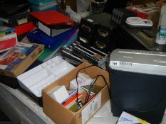 A large mixed lot of office supplies including shredder, files, approximately 70 items in total.