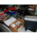 A large mixed lot of office supplies including shredder, files, approximately 70 items in total.