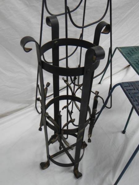 An umbrella stand, 2 woven stop stools and a steel rack. - Image 2 of 4