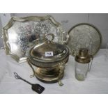 A mixed lot of silver plate including heated serving dish, cocktail shaker, 2 trays etc.