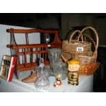 A mixed lot of household goods including some fine crystal, wicker baskets and a nodding duck.