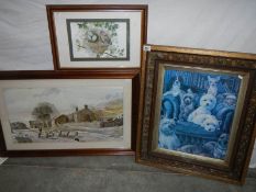 3 framed and glazed pictures, 75 x 65 / 95 x 60 / 35 x 50 cm.