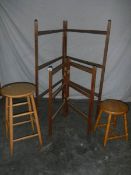 2 old pine linen airers and 2 pine stools.