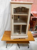 A good ash coloured cabinet with glass door and a mid 20th century side table.