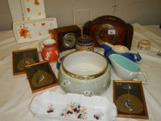 2 mantel clocks, a mixed lot of chins, 3 hand painted leaf pictures, bowl with plated rim etc.