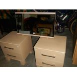 Two 2 drawer bedside chests and a free standing mirror.