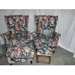A pair of matching arm chairs, matching stool and matching pouffe.