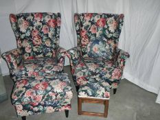 A pair of matching arm chairs, matching stool and matching pouffe.