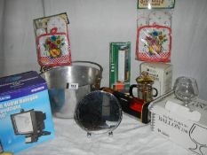 A mixed lot including aluminium jam pan, set of 6 glasses, outside light, cafetiere etc.