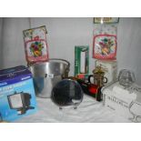 A mixed lot including aluminium jam pan, set of 6 glasses, outside light, cafetiere etc.