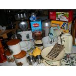A mixed lot of kitchen ware including scales, mixer etc.