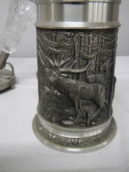 A four trumpet glass and EPNS eperge, a glass claret jug with plated top and a beer stein with stag, - Image 4 of 6