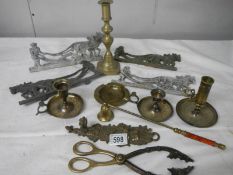 An interesting lot of brass and other metal items.